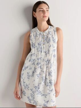 Quince 100% European Linen Blue Floral Sleeveless Mini Dress Coastal Cottagecore